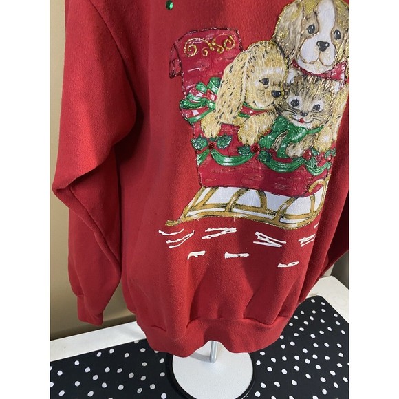 Vintage Embroidered/ Puppies In Sleigh Santa With Gifts 2side Sweatshirt Size XL - Picture 13 of 16